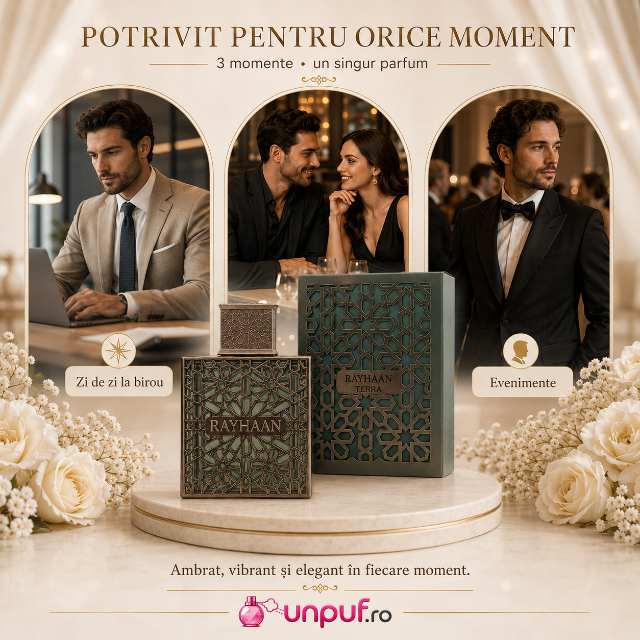 Parfum Arăbesc Rayhaan Terra potrivit pentru birou, &icirc;nt&acirc;lniri și evenimente, aromă ambrată, vibrantă și elegantă